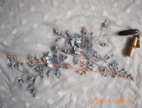 Серебристо-серая Кружевная аппликация из бисера с 3D цветочной аппликацией