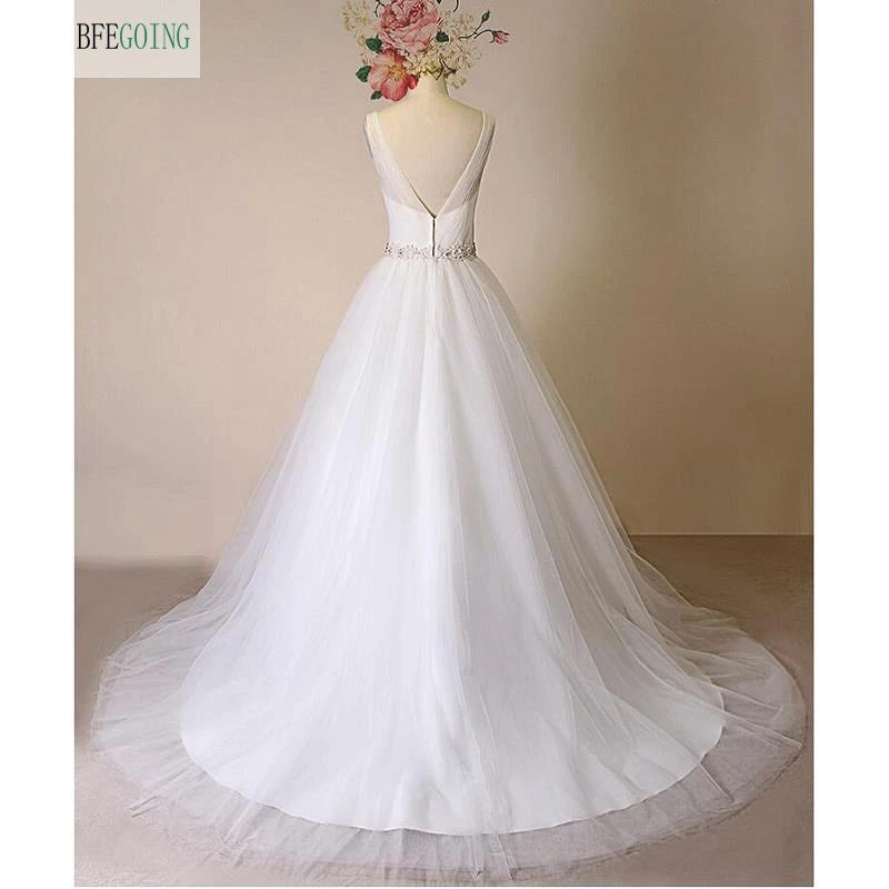 Белое Тюлевое ТРАПЕЦИЕВИДНОЕ свадебное платье до пола с V-образным вырезом