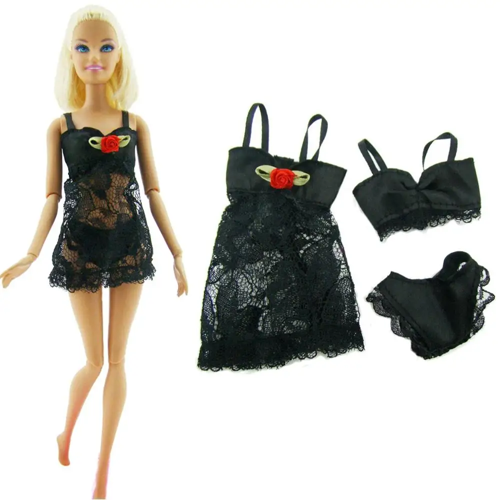 3 Pcs =1 Set Sexy Pajamas Lingerie Lace Costumes+ Bra+ Underwear Dress Clothes for Barbie Doll Clothes Accessories Girl Toy - Цвет: Black set