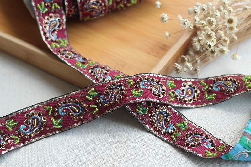 

2yard Gold+Wine red + green High Quality Hand Made Beaded Sequined Wedding Lace Trim Embroidered Retro Lace Bridal 1.18'' Wide