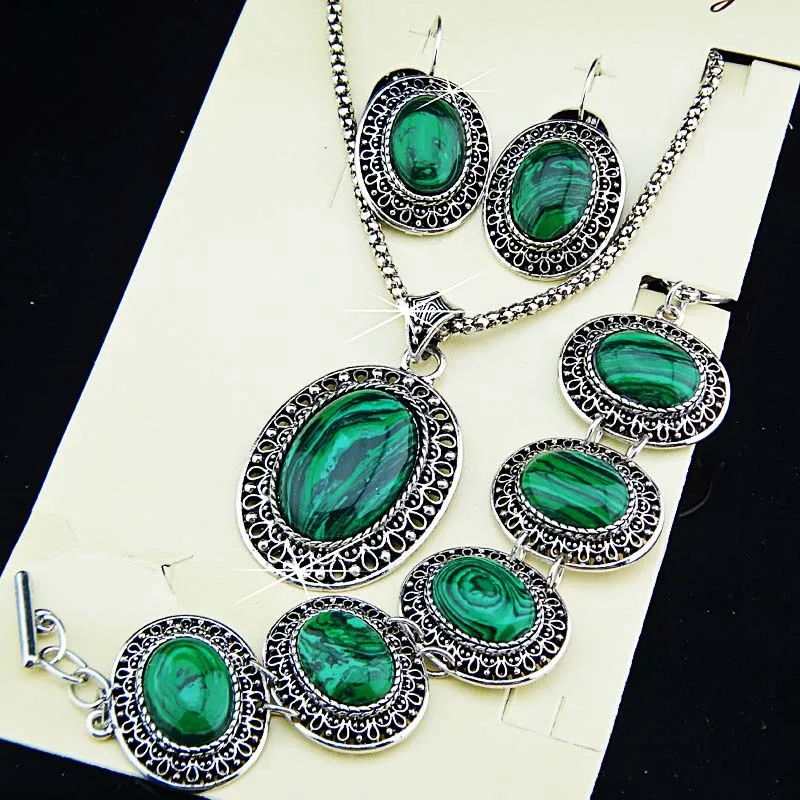 green Malachite 3 шт., античное серебро, большой овальный натуральный тигровый камень, серьги, браслет, ожерелье, Женский винтажный ювелирный набор, A-697 - Окраска металла: green Malachite