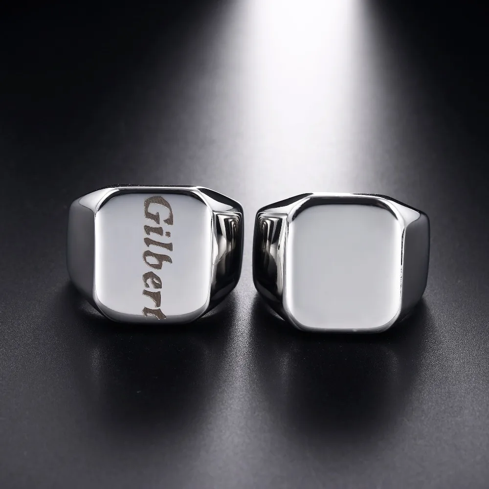 Personalized Customize Engrave Photo Logo Names Rings Square Big Width Signet Ring Stainless Steel Men Finger Black Gold color Украшения