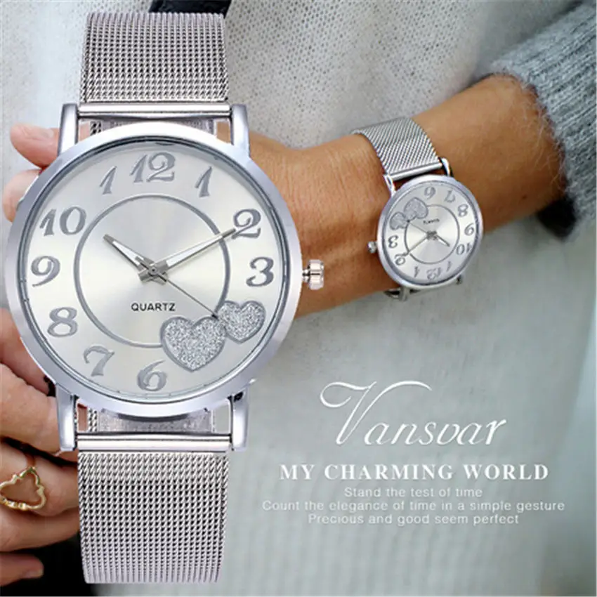 Vansvar Brand Fashion Silver Gold Mesh Band Love Dial Wristwatch Casual Women Quartz Watches Gift Relogio Feminino | Наручные часы