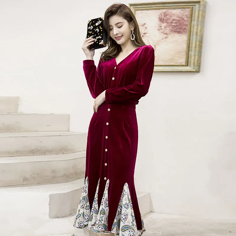 Удобное и простое бархатное платье новинка весны 2019 однотонное шифоновое