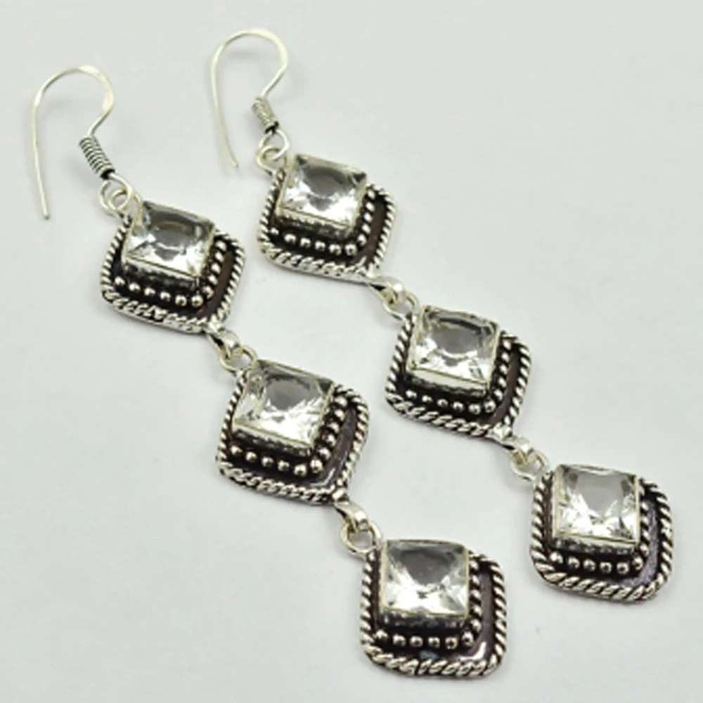 

White Topas Earrings Silver Overlay over Copper, Total Length 82mm , E2896