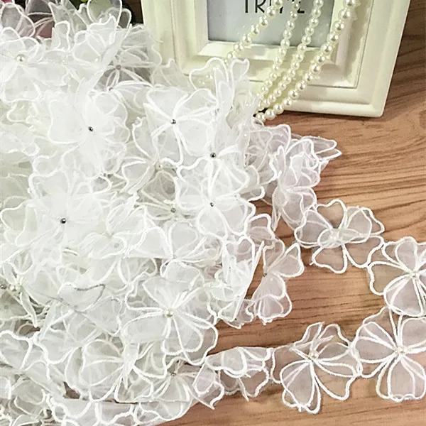 Белый 3 ярда/Лот DIY органза вышивка и ткань кружева патч одежда 3D бисер цветок свадебное платье волос Материал аппликация - Цвет: Белый