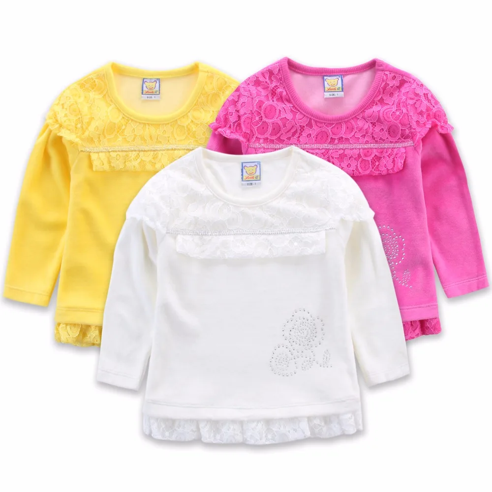 

Spring and Autumn Velour Long Sleeve Shirts Girls Lace Fashion 3 pcs/lot Blouse Little Q Baby Clothes kids Clothing