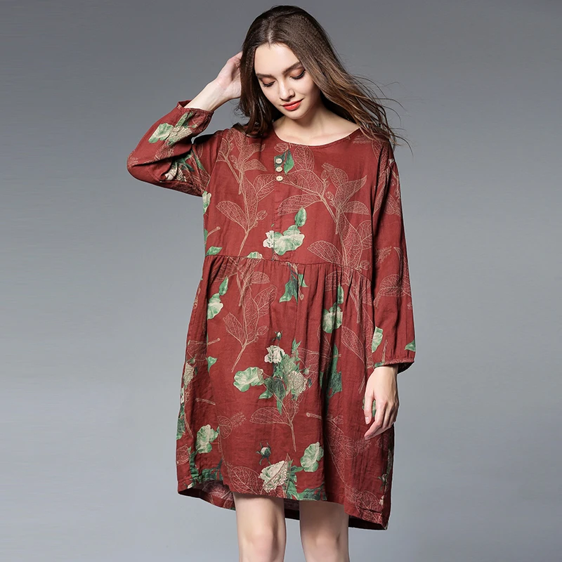 Для женщин Свободные Хлопок Лен Платья для зима 2017 с цветочным принтом Большие