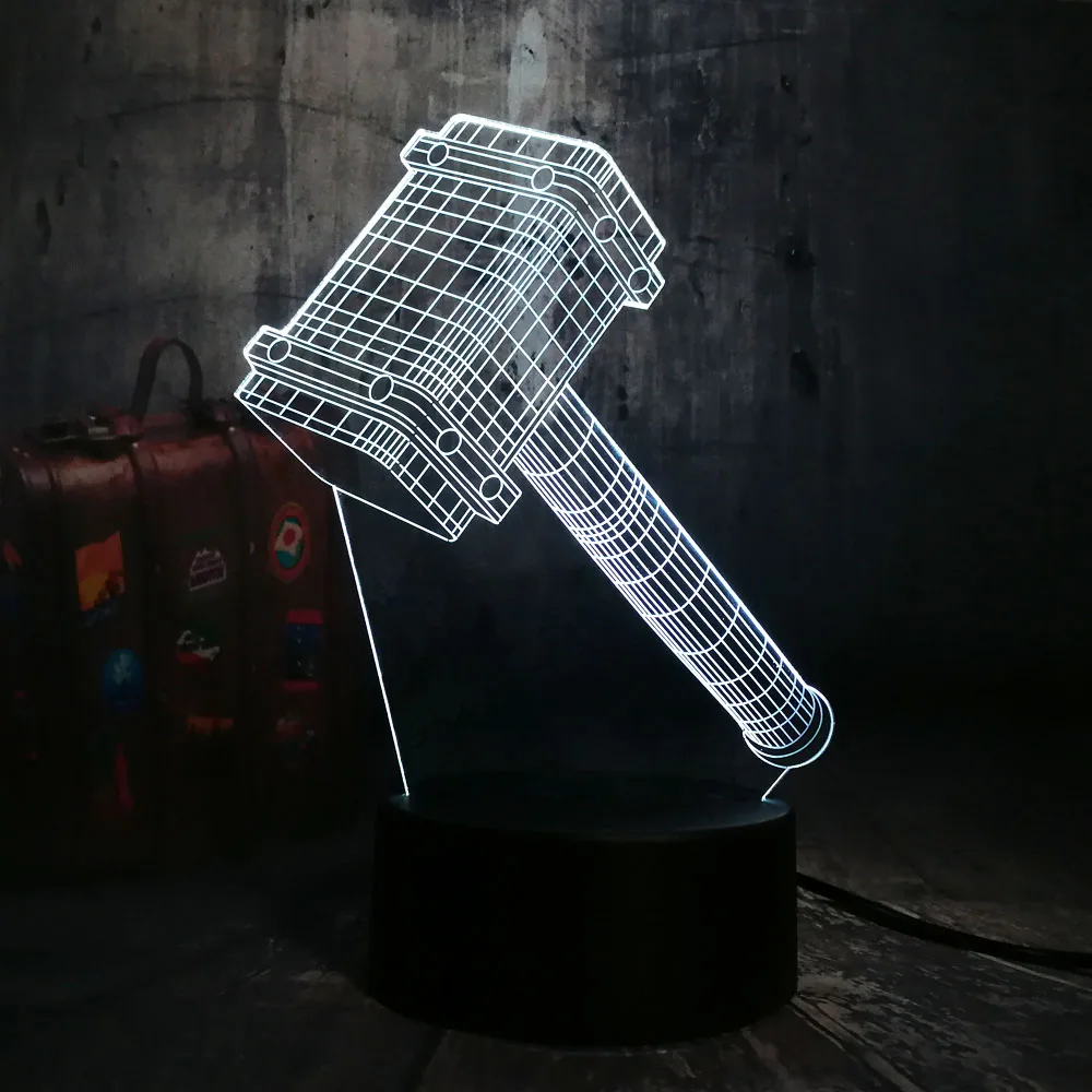 Новинка, крутой, большой, Thor Hammer, 3D, 7 цветов, Ночной светильник, настольный, разноцветный, дистанционный, настольная лампа, для детей, на день рождения, рождественский подарок