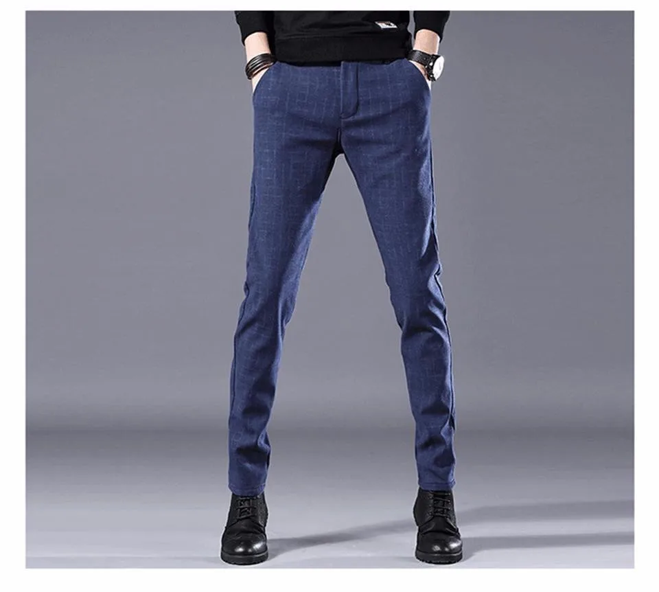 dark blue Мужские Брюки флисовые зимние теплые 90% хлопок 10% спандекс толстые Формальные повседневные клетчатые синие мужские длинные тонкие мужские брюки - Цвет: dark blue