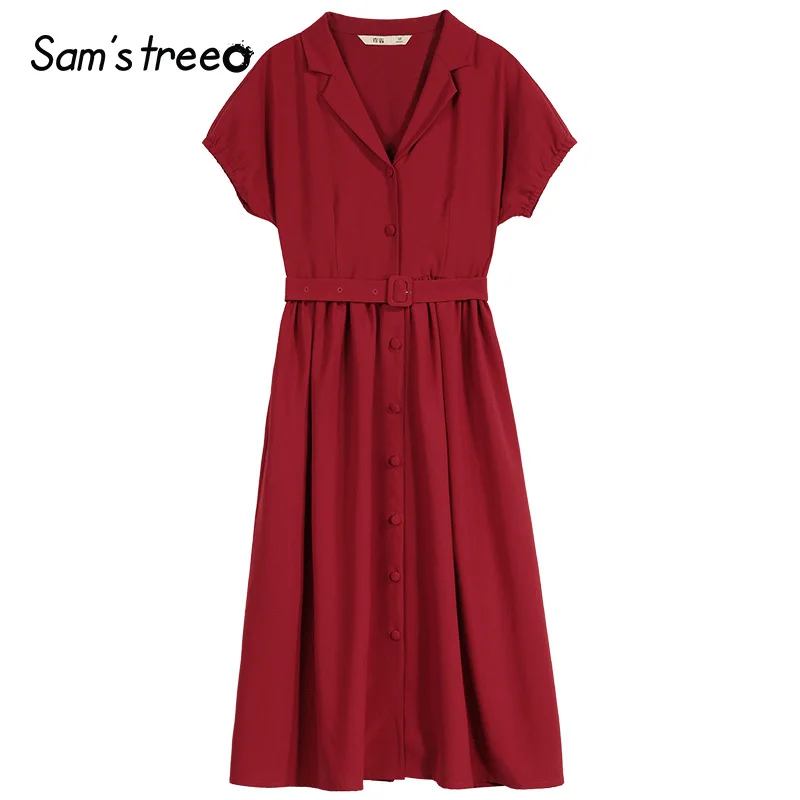Samstree, Ретро стиль, красные женские платья, элегантное, средняя талия, женское длинное платье, лето, v-образный вырез, для офиса, леди, с поясом, а-силуэт, платья - Цвет: Бургундия