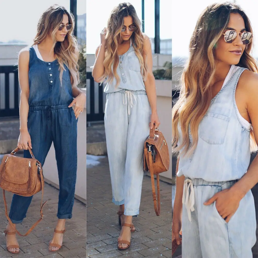 Джинсовый комбинезон для лета женский модный крутой уличный синий однотонный
