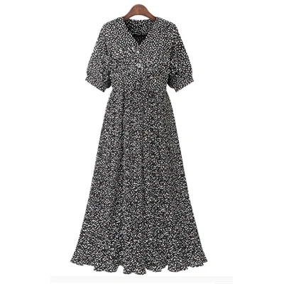 Black Новинка размера плюс XL-4XL женские платья Летние Плиссированные платья с принтом женское платье с v-образным вырезом Длинные Брендовые платья с коротким рукавом - Цвет: Black