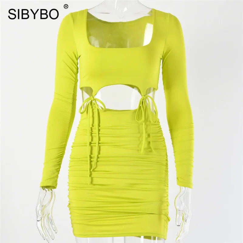 Sibybo, выдалбливают, шнурок, мини, сексуальное, женское платье, длинный рукав, плиссированные, Осенние, вечерние, одноцветные, пляжные, женские, повседневные платья