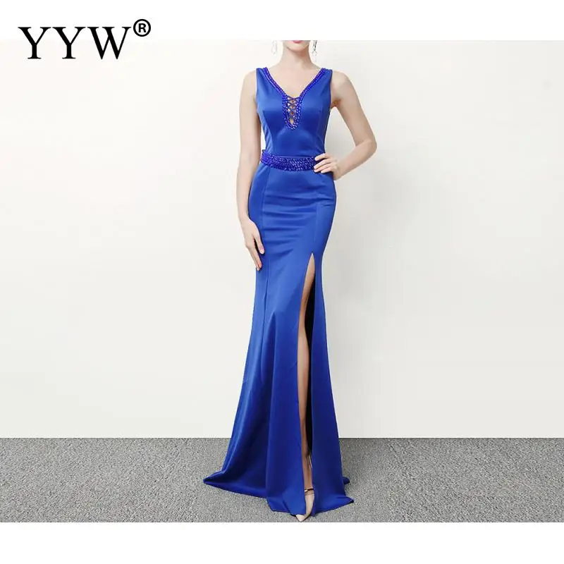 royal blue Robe De Soiree модная обувь с украшением в виде кристаллов Бисер Длинные Русалка Вечерние Платье Для женщин сексуальный v-образный вырез с низким вырезом на спине кружевное элегантное вечернее платье для выпускного бала - Цвет: royal blue