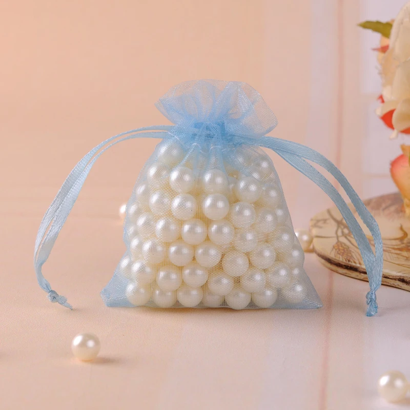 Light Blue Organza Gift Bag For Jewelry Packaging 5x7cm 100pcs Drawstring Wedding jewelry organizer Can Custom Logo | Украшения и