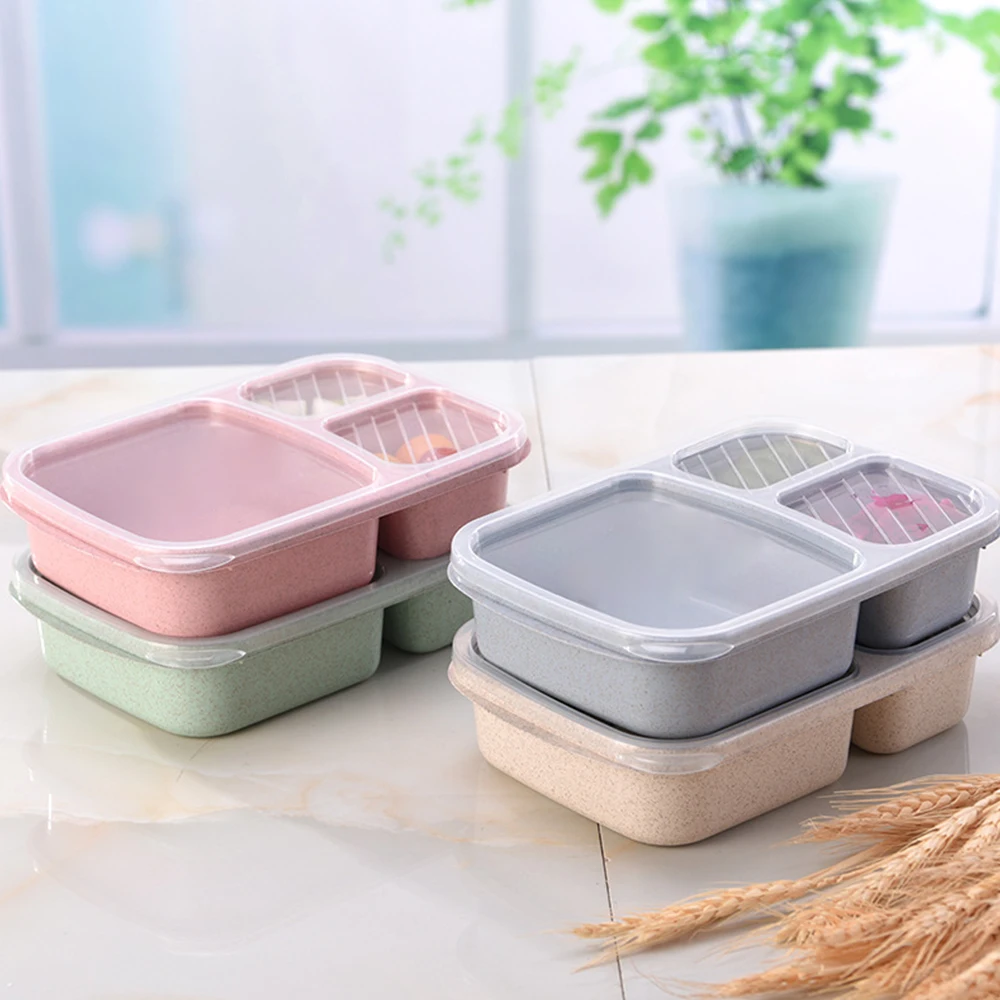Bento Box с крышкой 3 сетки Пшеничная солома микроволновая пищевая коробка