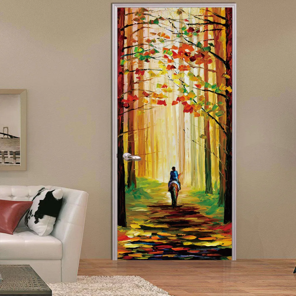 2 Panels Riding Horse In Spring Woods Way Wall Murals Stickers Door Sticker Wallpaper Decals Home Decoration | Дом и сад
