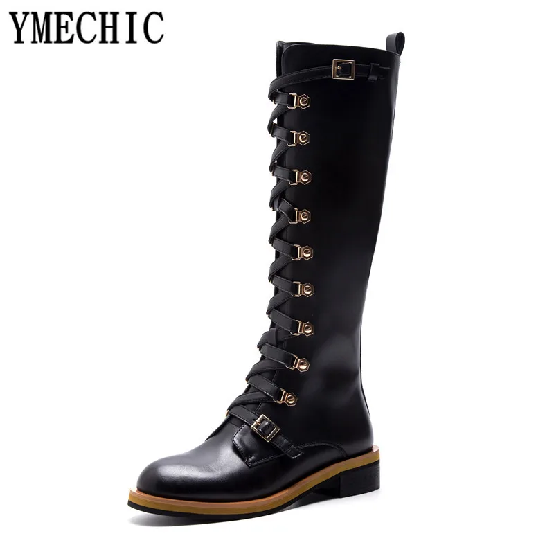 YMECHIC/; осенние черные сапоги из натуральной кожи на шнуровке с пряжкой; женские черные сапоги до колена В рыцарском стиле; сапоги в байкерском стиле
