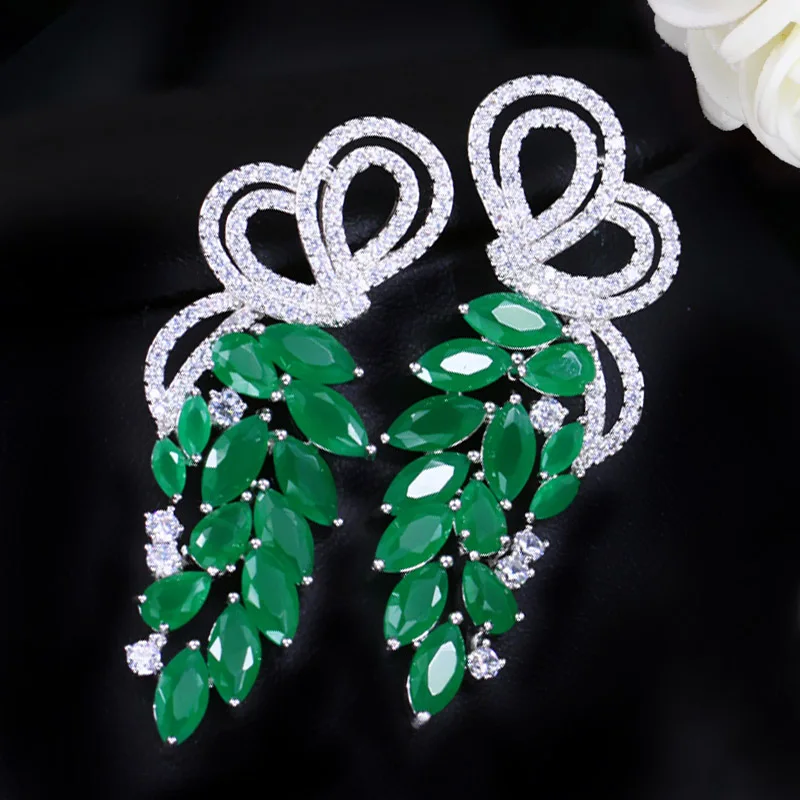 Green BeaQueen трендовая форма зеленого листа длинные висячие серьги серебро 925 Pin кубический цирконий камень женские ювелирные изделия E218 - Окраска металла: Green