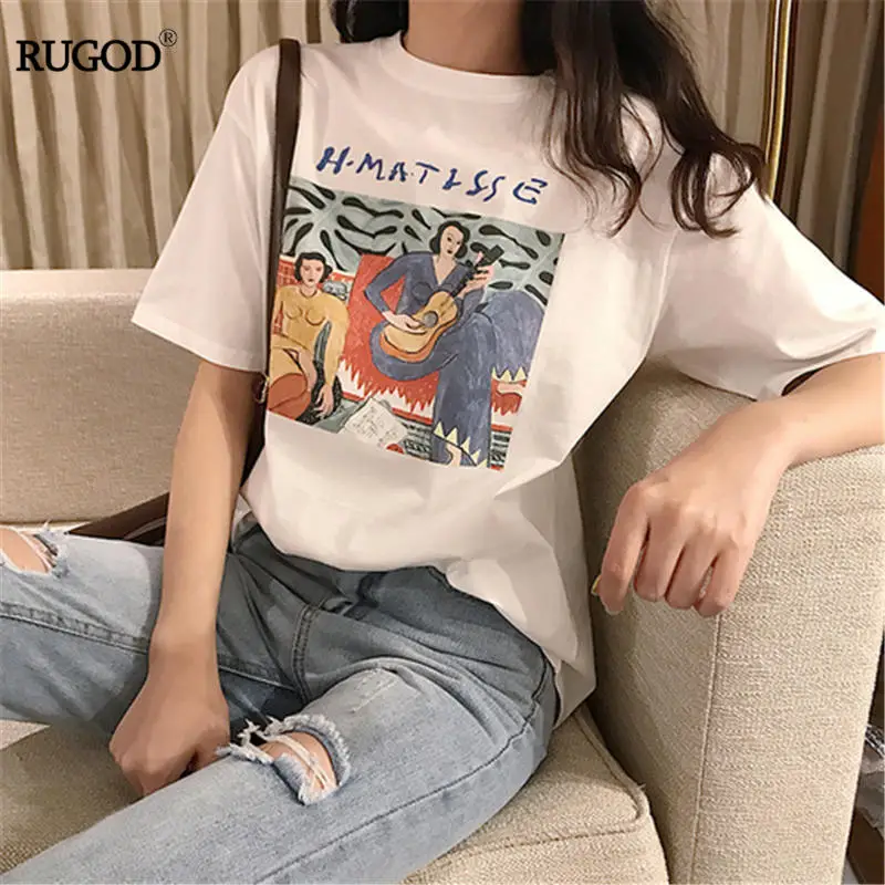 

RUGOD summer T-shirt female short-sleeved painting graffiti printing wild ins Korean students loose fashionable