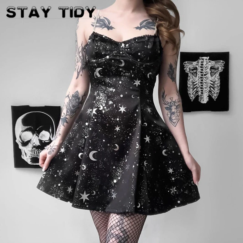Сексуальное мини платье в готическом стиле с принтом созвездий 2019 летние женские