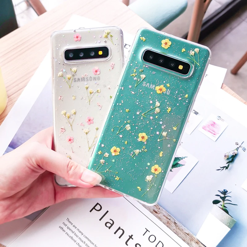 Прозрачные блестящие чехлы с высушенными цветами для samsung Galaxy S10 S9 Plus, прозрачные блестящие накладки на заднюю панель с настоящими цветами для Galaxy S9