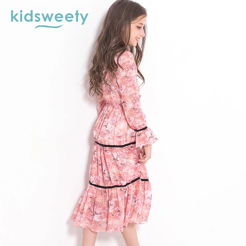 Kidsweety Детские платья для девочек розовый с длинным рукавом Высокая Талия пуловер