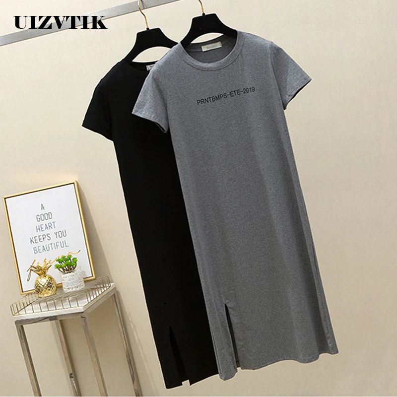 

Short Sleeve Summer Dress Women 2021 BF Letter Print T-Shirt Long vestidos de mujer Casual Sexy Split Midi Dress Women Clothing