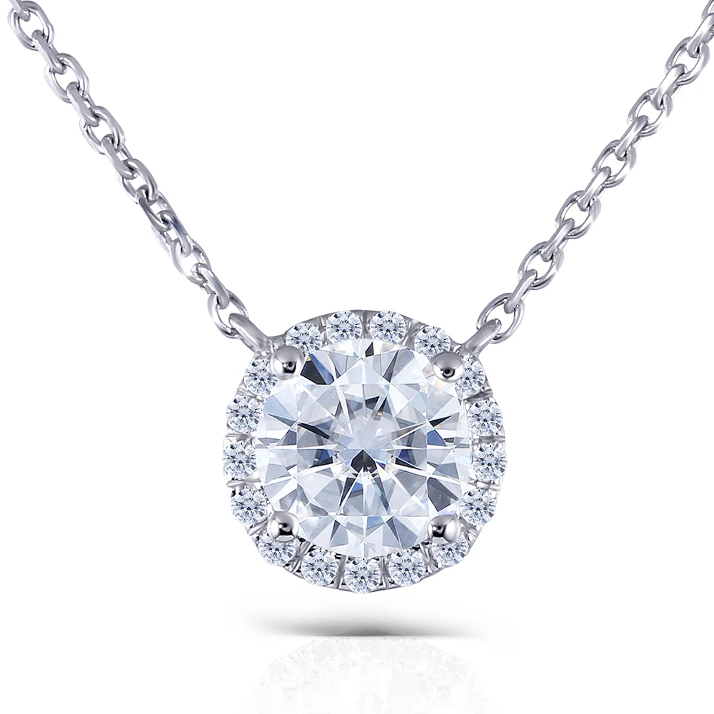 TransGems Solid 14 K 585 Белое золото 1ct FGH 6,5 мм Moissanite алмазная подвеска ореол ожерелье для женщин 18 дюймов Цепь