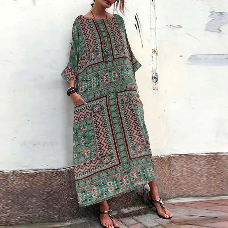 542 Green ZANZEA женское платье макси размера плюс длинное Vestidos женское платье с принтом s богемное платье в полоску летний сарафан платье для пляжной вечеринки - Цвет: 542 Green