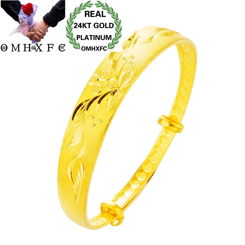 

OMHXFC Wholesale European Fashion Hot Woman Female Party Birthday Wedding Gift Vintage Flower 12MM Wide 24KT Gold Bangle BE297