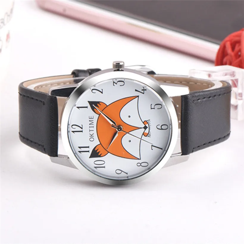 Ретро Кожаный ремешок с рисунком лисы аналоговые кварцевые наручные часы из