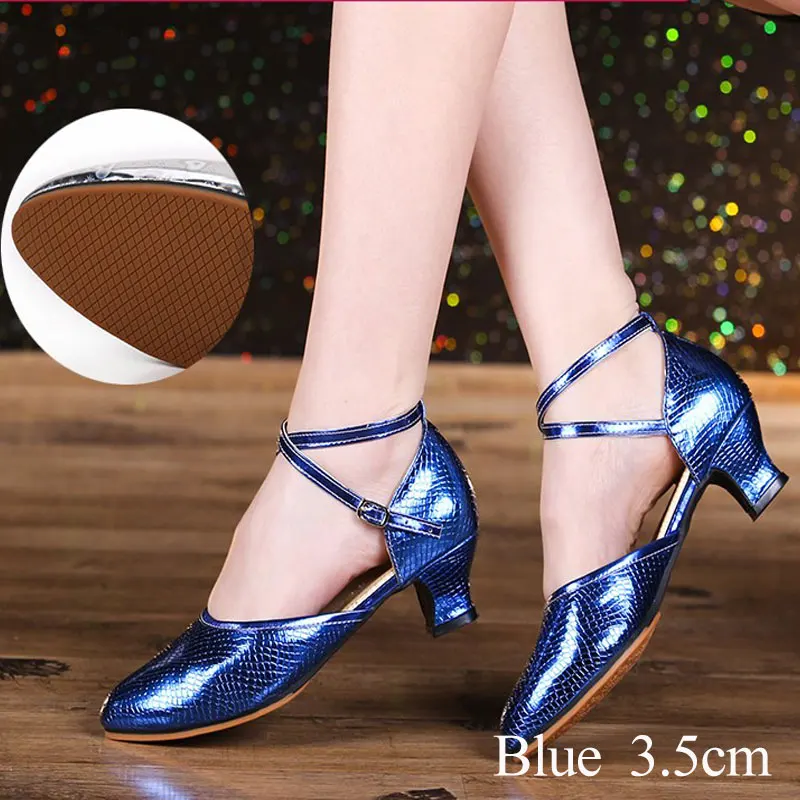 Blue 3.5cm Розовый/Золотой Блестки Латина Танго Сальса Танцевальная обувь для женщин закрытый носок бальные танцы обувь каблуки 3,5 см/5,5 см zapatos mujer K-818 - Цвет: Blue 3.5cm