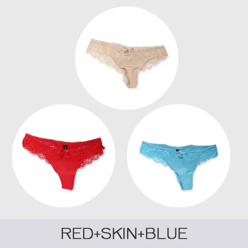 RED-SKIN-BLUE 3 шт./лот, CMENIN, сексуальные кружевные трусики, бесшовное женское нижнее белье, трусы, стринги, танга, бикини для женщин, прозрачные, для девушек, femme, T Back P0039 - Цвет: RED-SKIN-BLUE