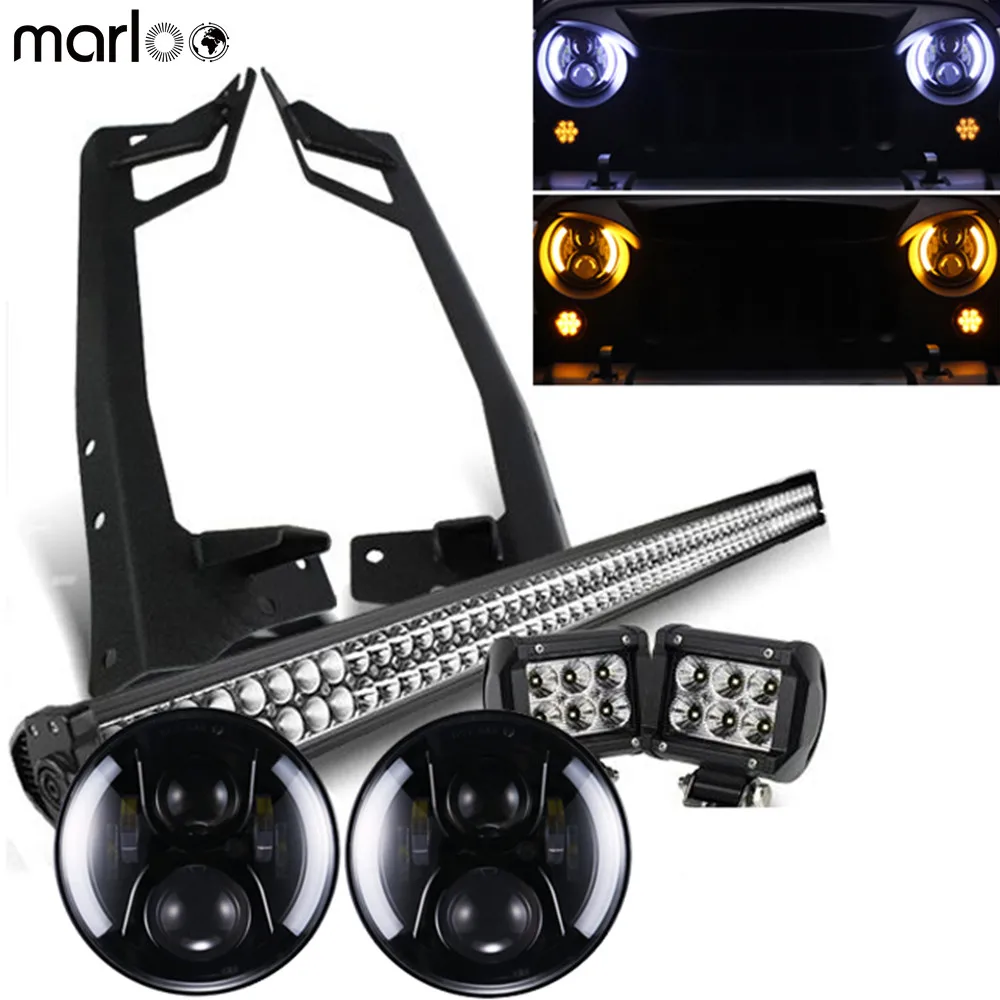 

For Jeep Wrangler JK 120W 7 Inch LED headlights White Halo With 52" 300W Led Bar & 18W Pods Work Light & Mounting brackets Set