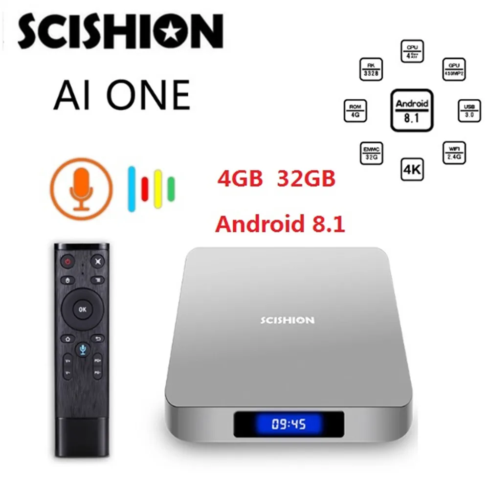 SCISHION AI One Android 8 1 Smart tv Box 4 ГБ 32 WiFi телеприставка Bluetooth 0 Rockchip 3328 медиаплеер с