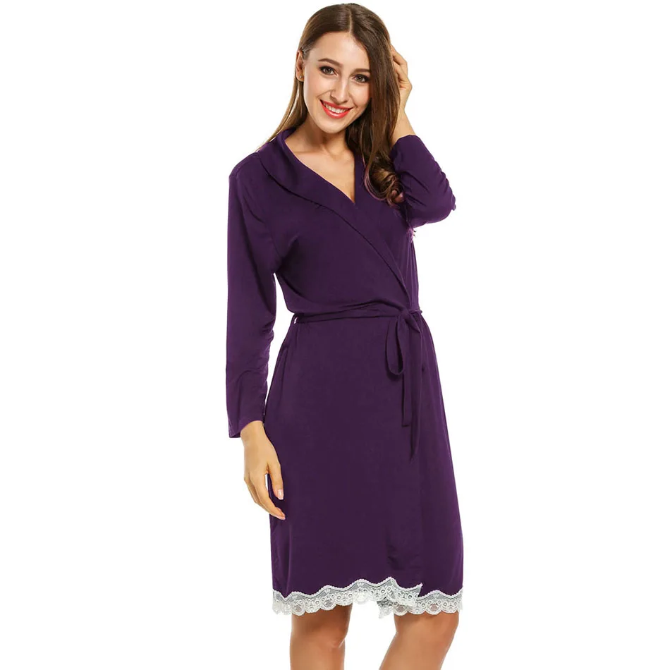 Dark Purple Ekouaer, женское хлопковое кимоно, халат, с отложным воротником, ночная рубашка, Кружевной декор, туника, тонкая одежда для сна, халат с поясом, женская ночная рубашка - Цвет: Dark Purple