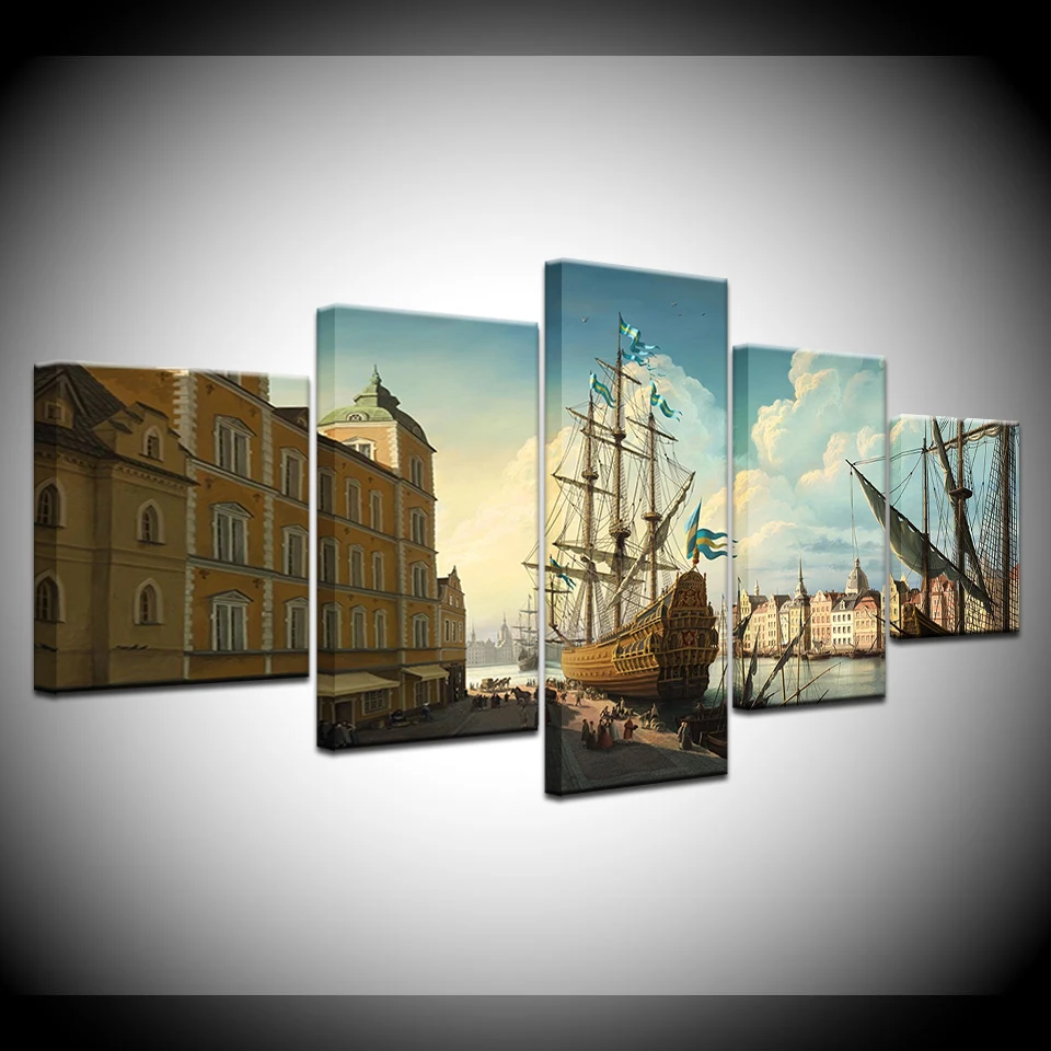 

Canvas Painting century European harbor ships 5 Pieces Wall Art Painting Modular Wallpapers Poster Print for living room Decor