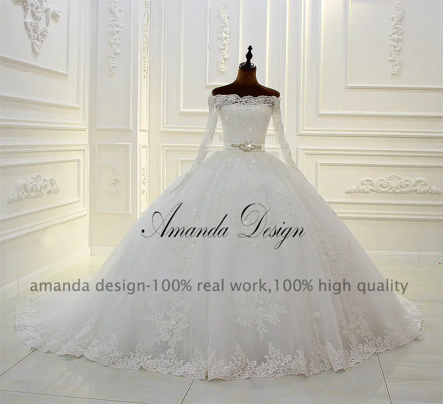 Аманда дизайн лодочкой с длинным рукавом Аппликации кружевные со стразами