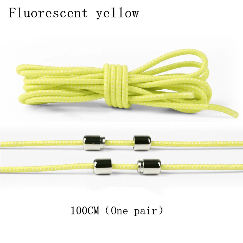 Ft yellow-21 Новинка, 1 пара, унисекс, ленивые, эластичные, без завязок, круглые шнурки для ботинок, для детей и взрослых, быстро, яркие цвета, 100 см, Круглые, металлические, с головкой, шнурки - Цвет: Ft yellow-21
