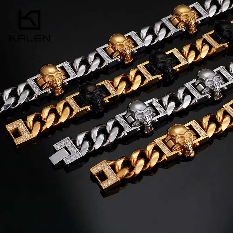 

KALEN Punk Stainless Steel Gold Skull Charm Bracelets For Men Gothic Black Skull Heads Cuban Link Chain Bracelet Jewelry