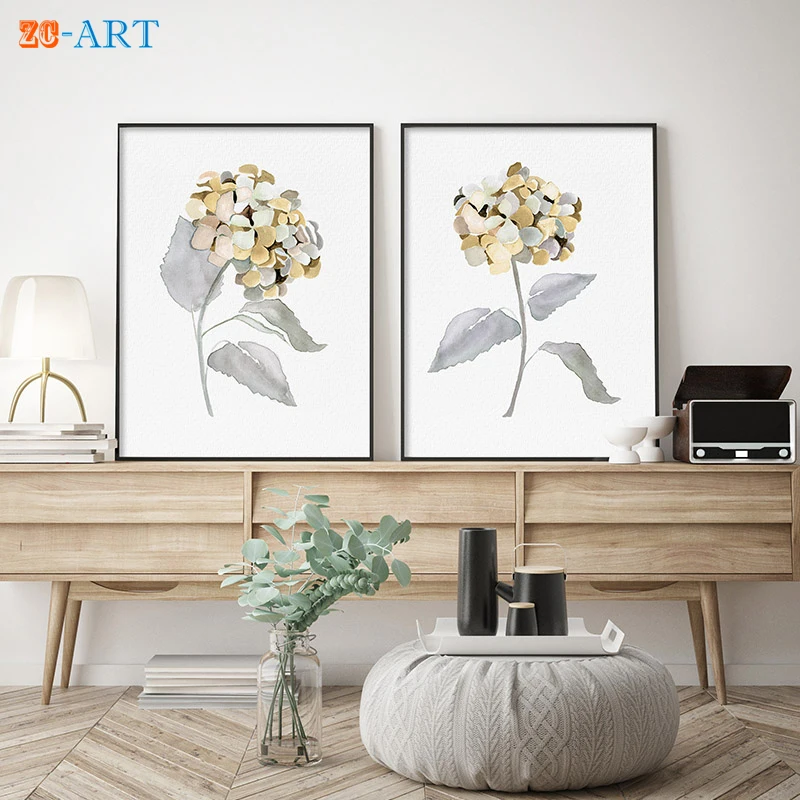 Набор в рамке из 2 акварельных гортензий цветочный рисунок минималистичный