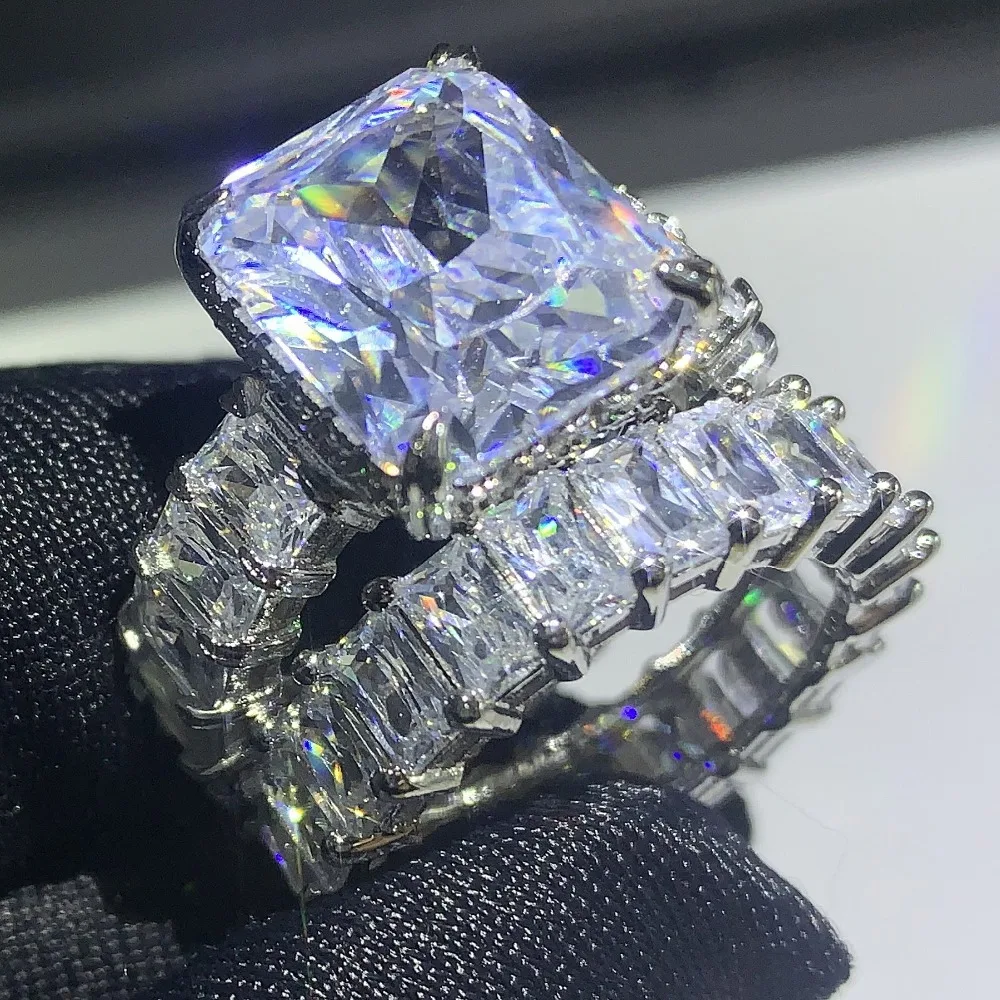 Сверкающая Супер акция, роскошное ювелирное изделие, 925 пробы, серебро, большая подушка, форма 5A CZ, пара колец, обручальное кольцо, кольцо для женщин