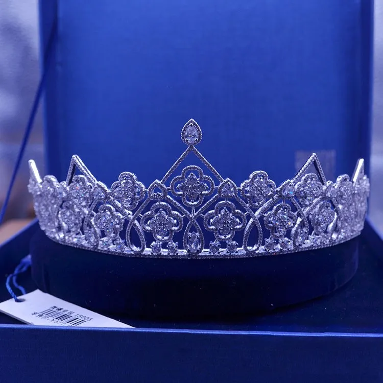SLBRIDAL роскошный, Кристальный, со стразами медь, кубический цирконий свадебная тиара CZ Свадебная Королева Принцесса пышные вечерние Корона подружки невесты