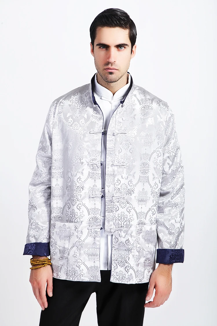 Темно Синий Серебряный двусторонний кунг фу куртка китайская мужская атласная