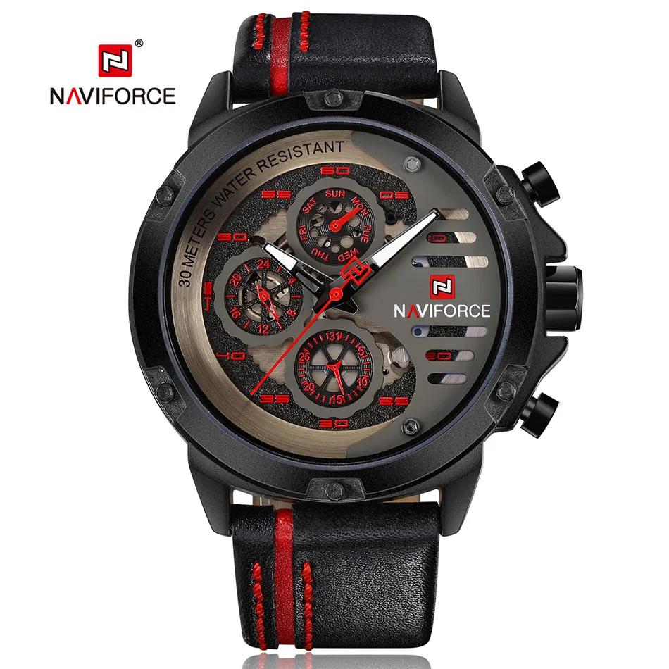 NAVIFORCE крутые мужские часы с датой и днём кожаные спортивные водонепроницаемые 2018