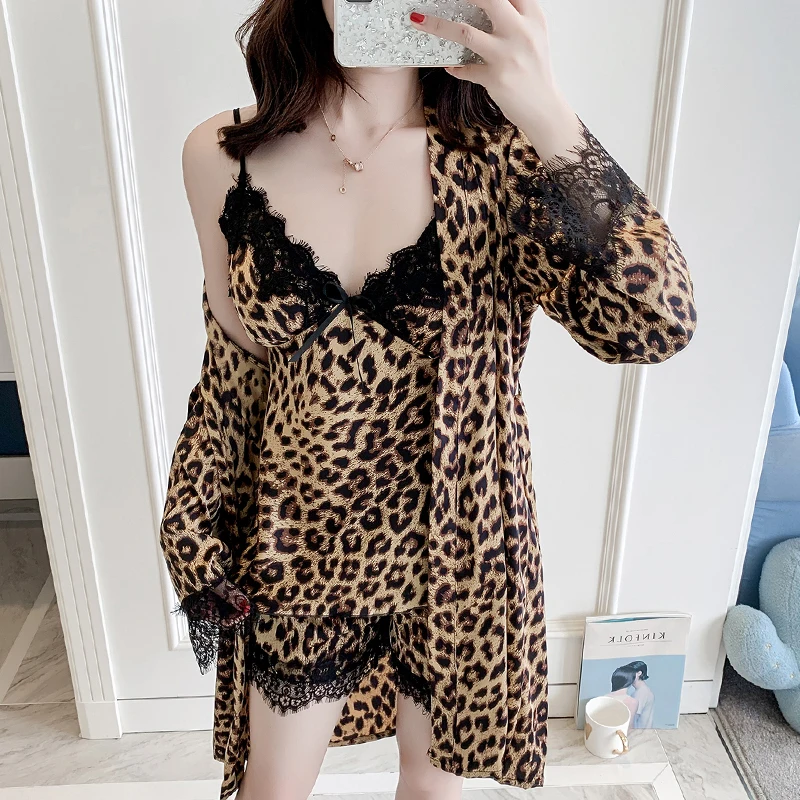 

Women Leopard Print Robe Pijama Set 3 Pieces Sexy Silk Satin Sleepwear Set Lace Nightwear Set Summer Home Clothing