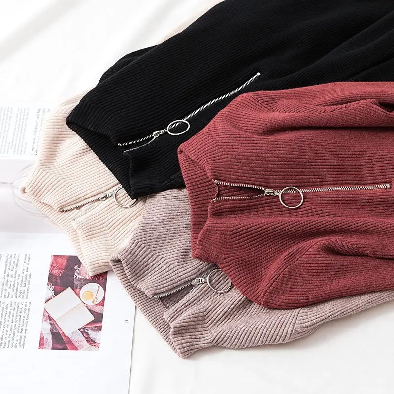 gkfnmt Casual Zipper Sweater Women Half Turtleneck Solid Autumn Female Knitted Pullovers long Sleeve Chic Soft Jumper | Женская одежда