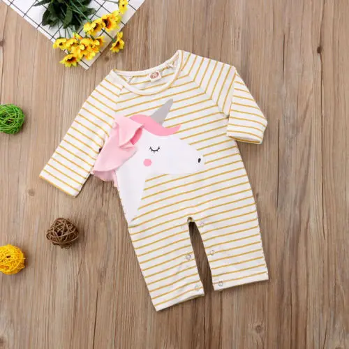 Одежда для новорожденных маленьких девочек одежда детей Единорог в полоску с